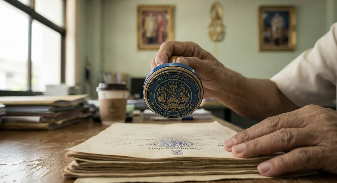Editorial photograph of a Thai MFA consular legalization stamp on official documents