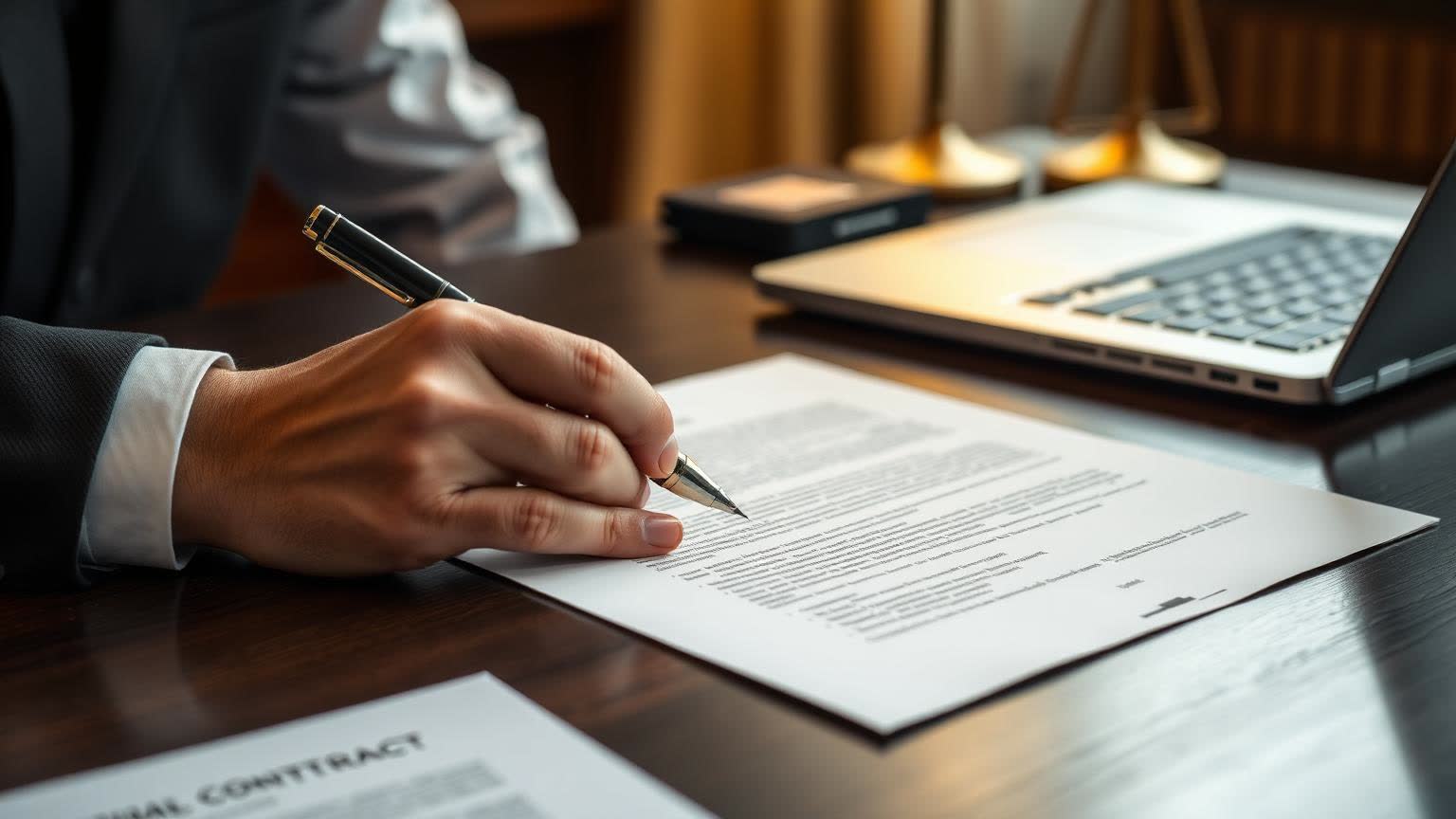 Drafting and marking up a contract with a fountain pen at a law-office desk