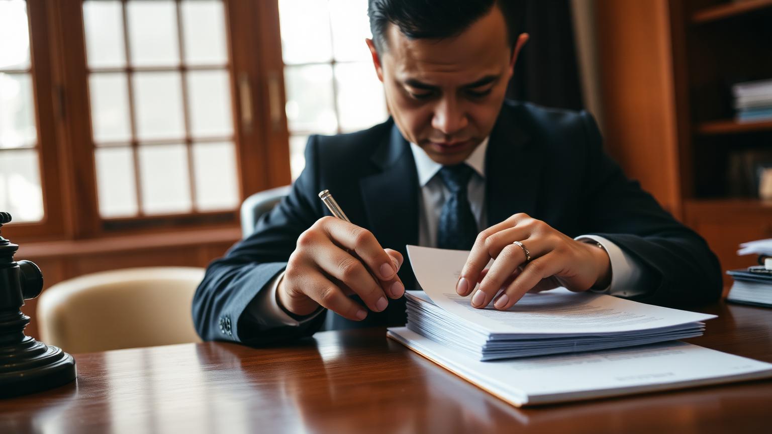 Notary Public lawyer sealing certified documents at a Bangkok law office