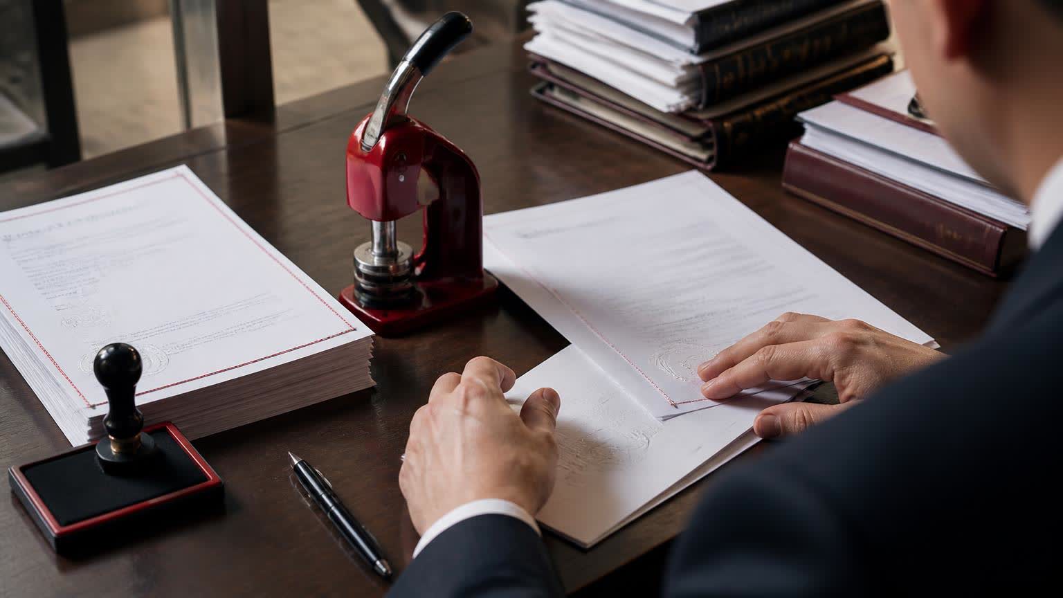 Lawyer pressing an embossed notarial seal onto certified copies at a Bangkok law office desk