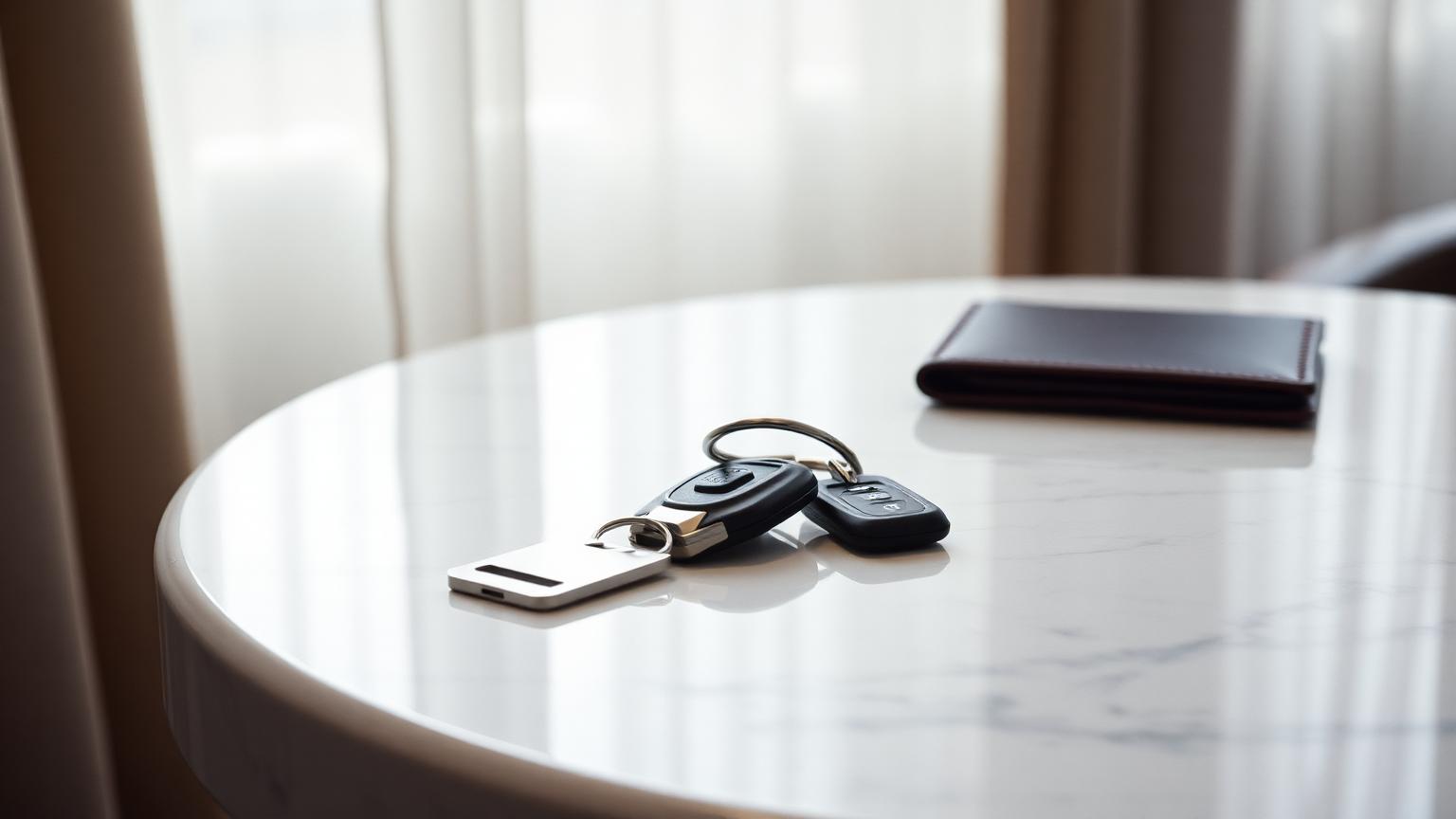 Documentary photograph of keys and a leather folio on a marble hotel table