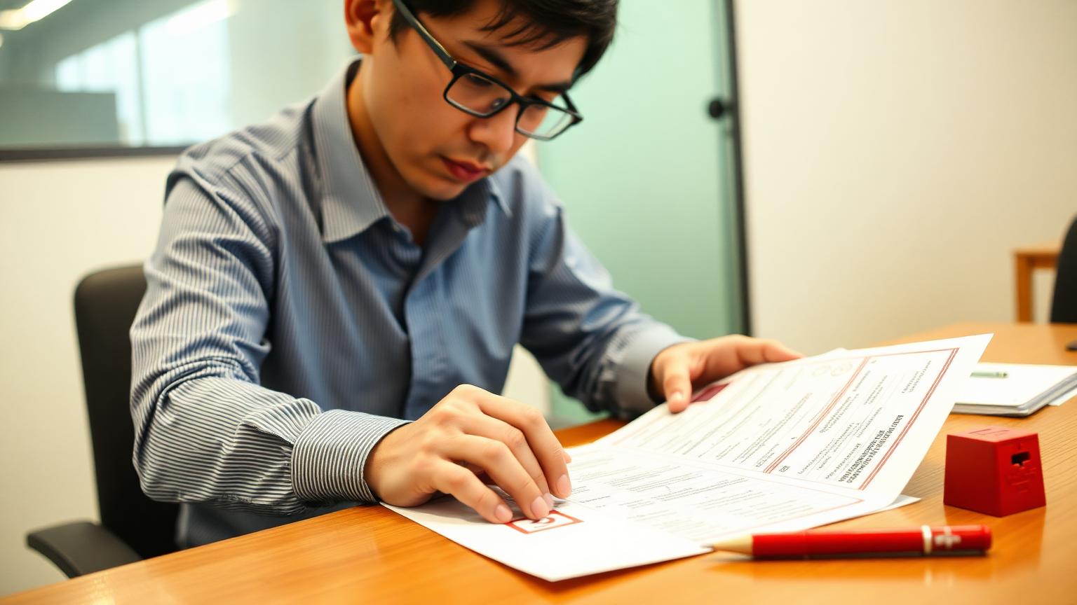 Translator proofreading a certified Thai–English document before stamping