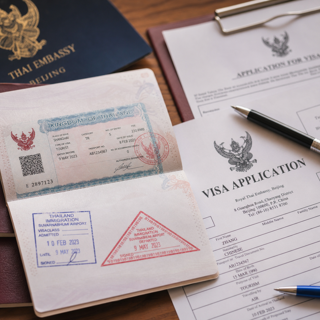Editorial photograph of a Thai visa stamp in a passport