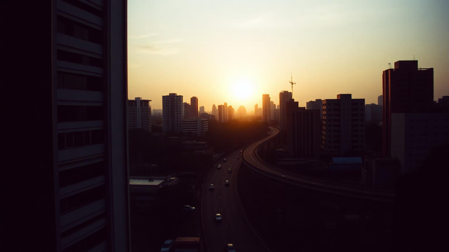 Documentary photograph of the Bangkok skyline at golden hour seen from an office window