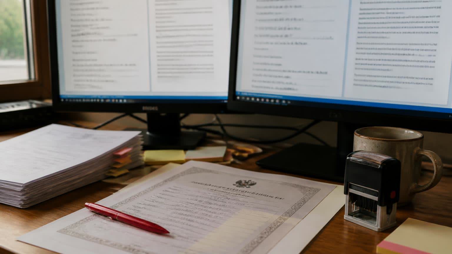 Certified translator's desk comparing source and target text on dual monitors before applying the certification stamp