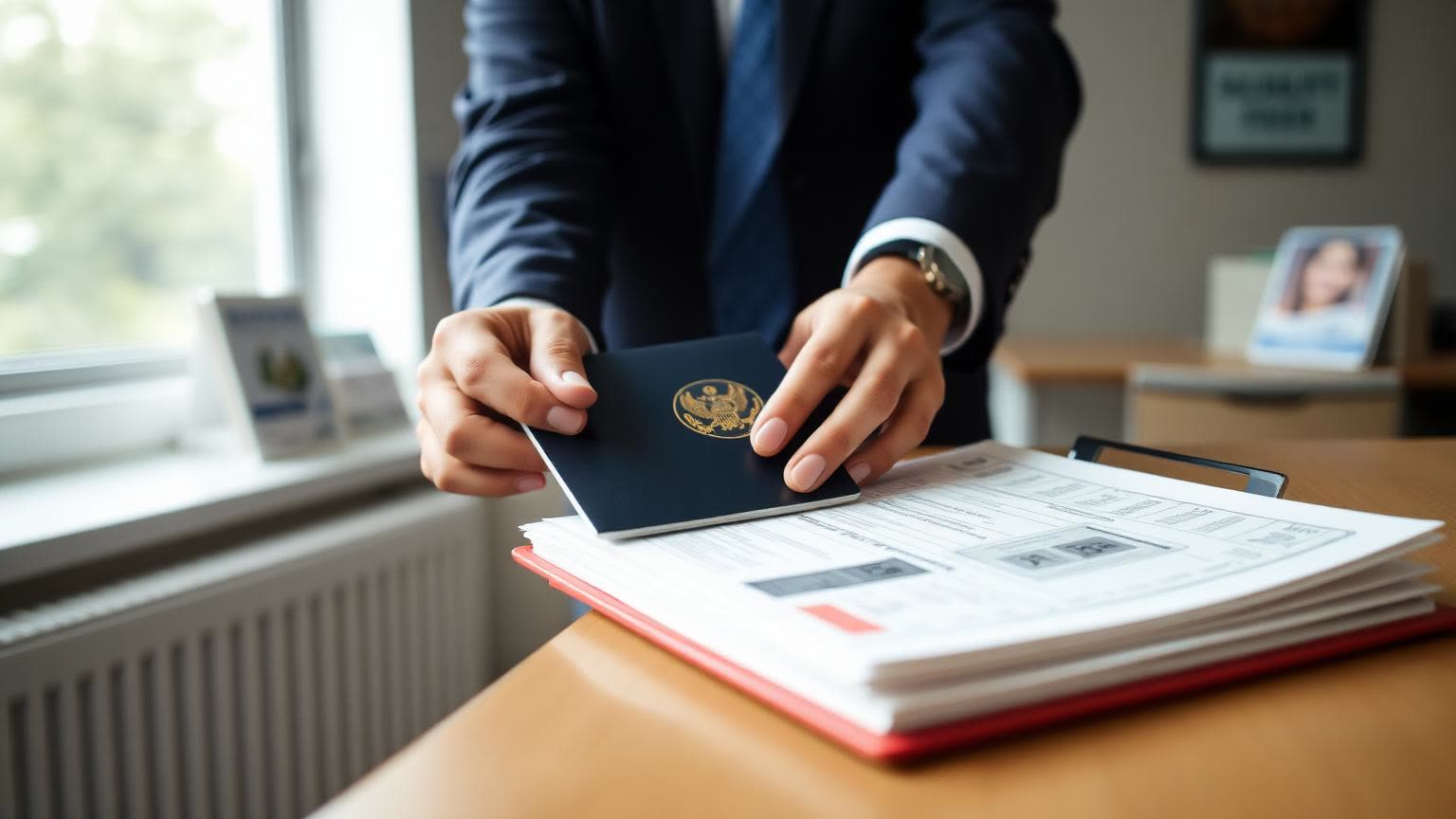 Passport and supporting document folder handed over at a visa application centre counter