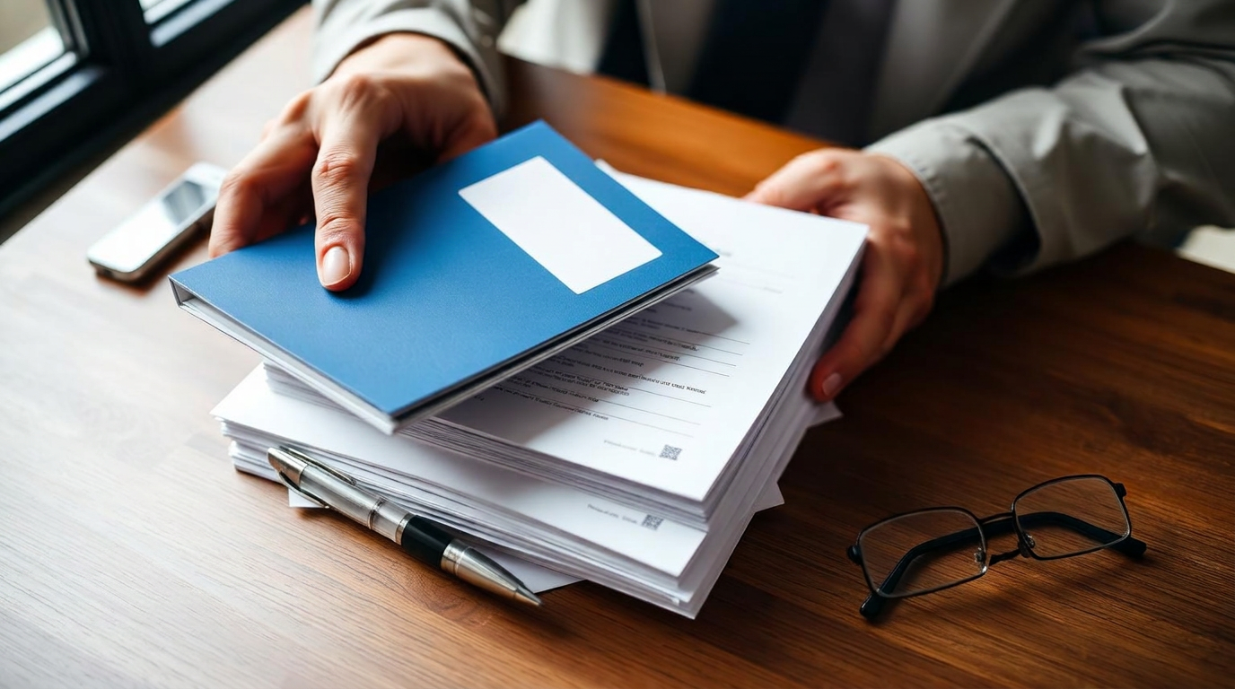 Officer holding a work permit booklet with a stack of supporting paperwork on a desk