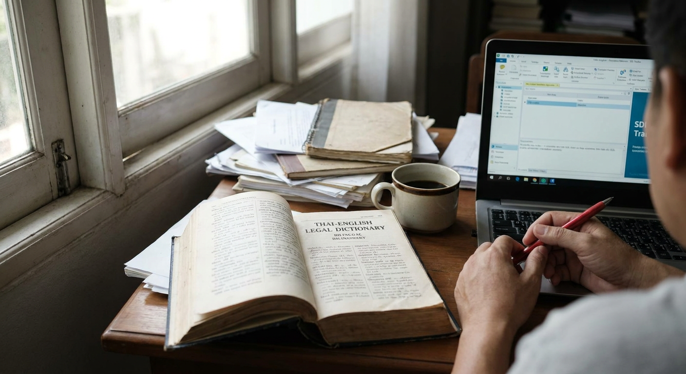 Editorial photograph of a certified translator's workspace