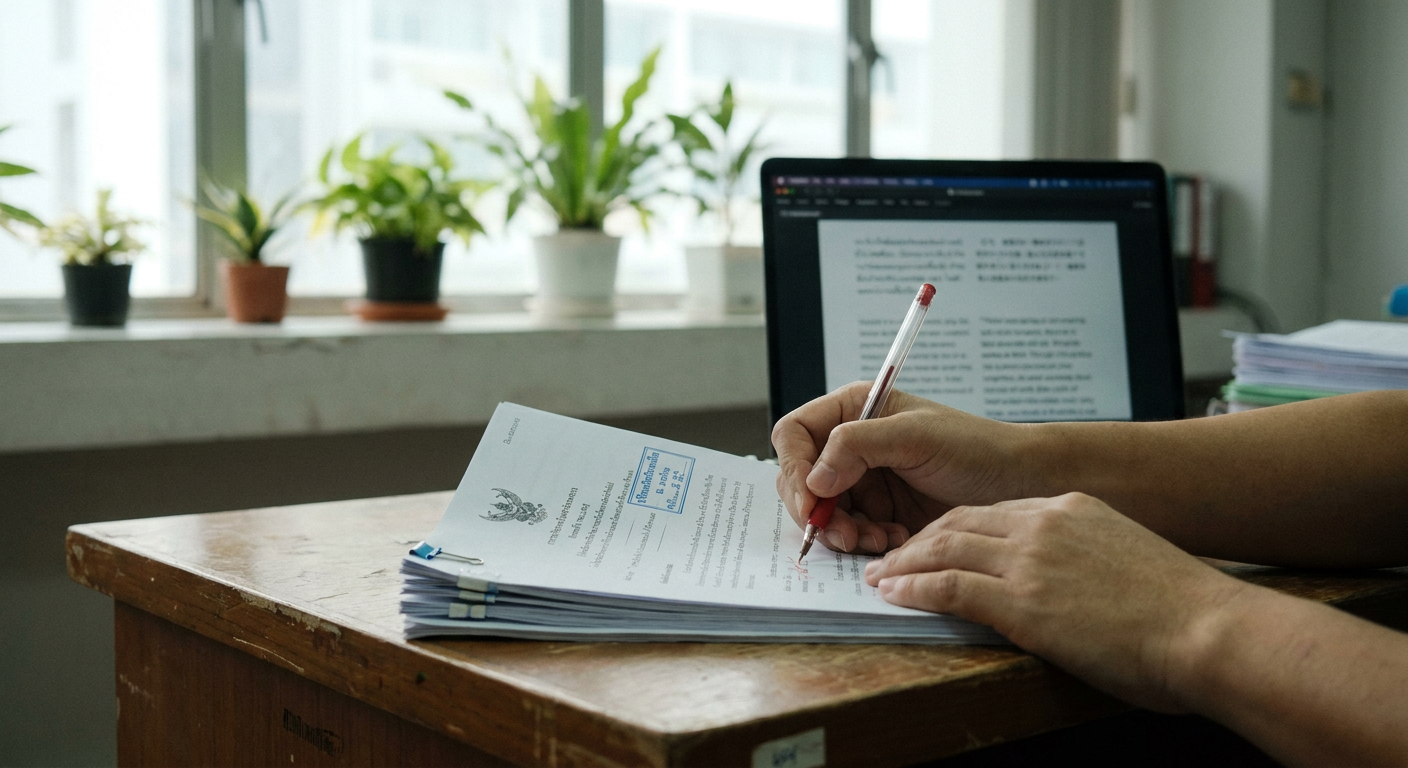 Editorial photograph of a NAATI translator reviewing a Thai-to-English translation