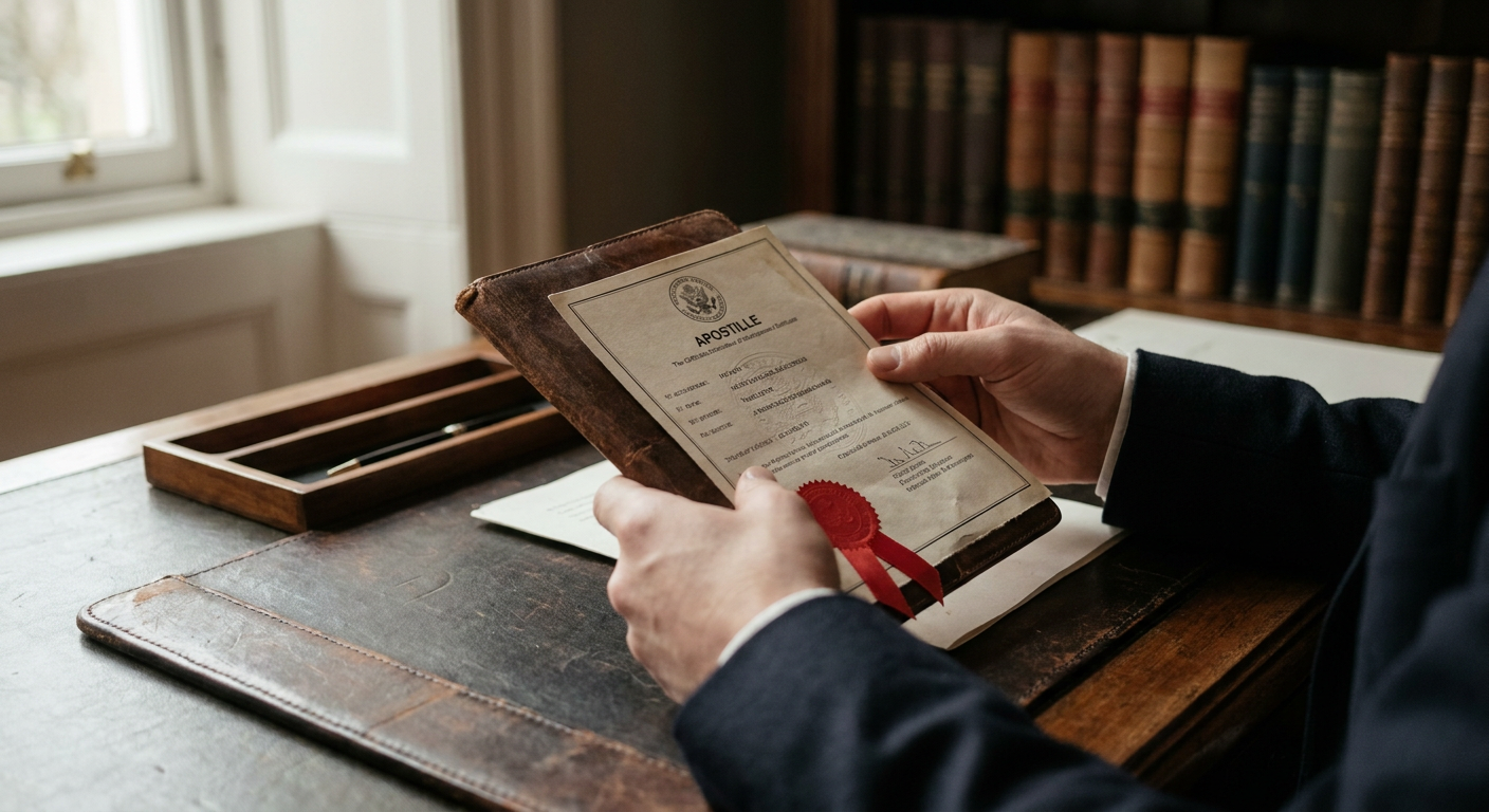 Editorial photograph of an official Apostille certificate
