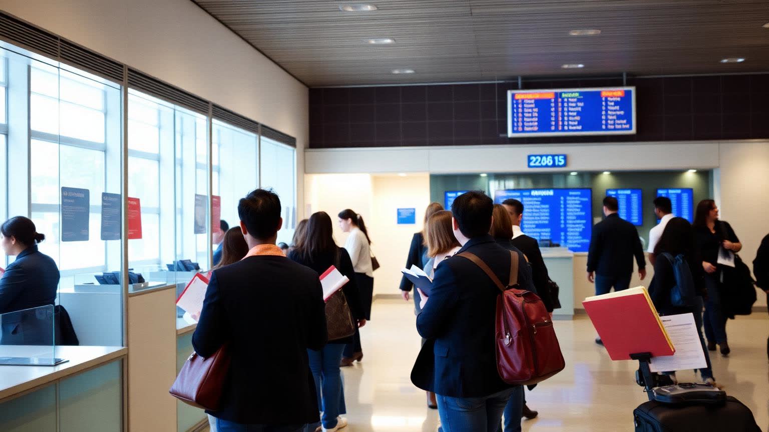 Applicants queuing with document folders in a consular service hall