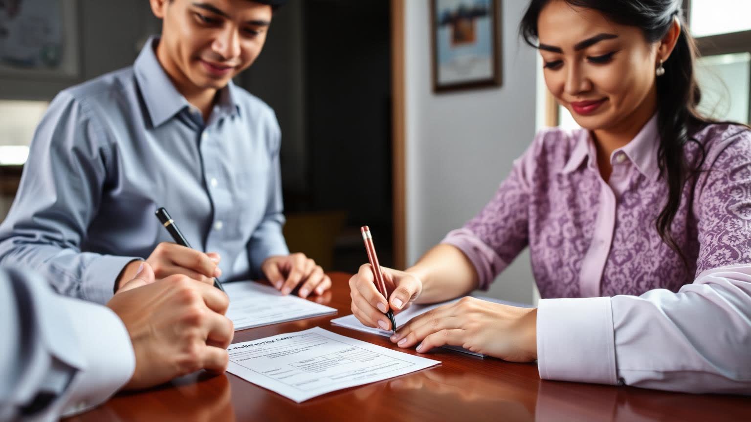 Thai and foreign spouses signing a marriage registration form at a district office