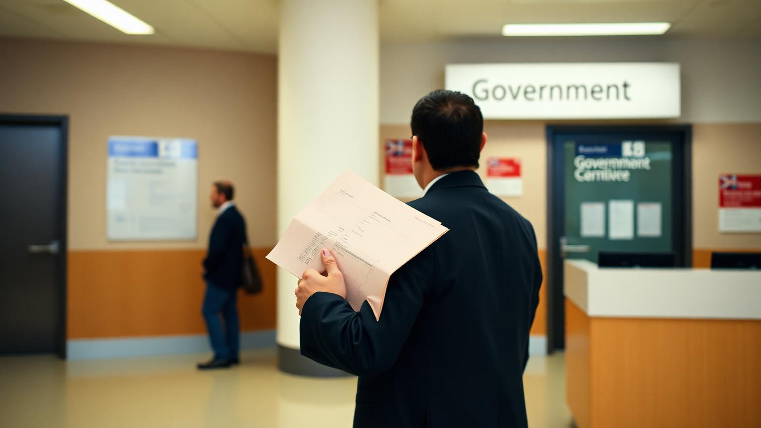 Applicant holding a document folder at a government legalization counter