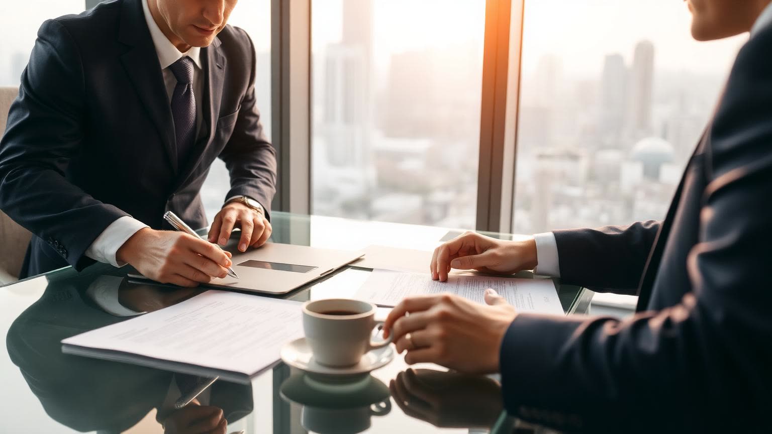 Corporate legal advisor and client signing company registration documents in a meeting room