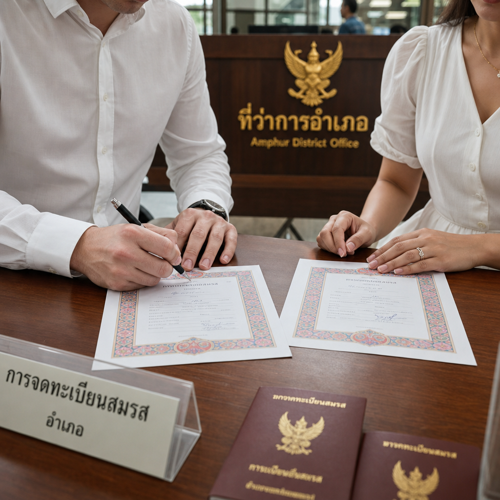 Editorial photograph of a bi-national marriage registration signing