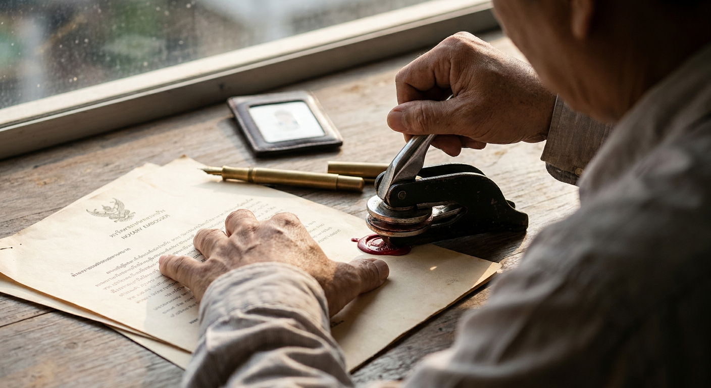 Editorial photograph of a notary embosser sealing a bilingual legal document