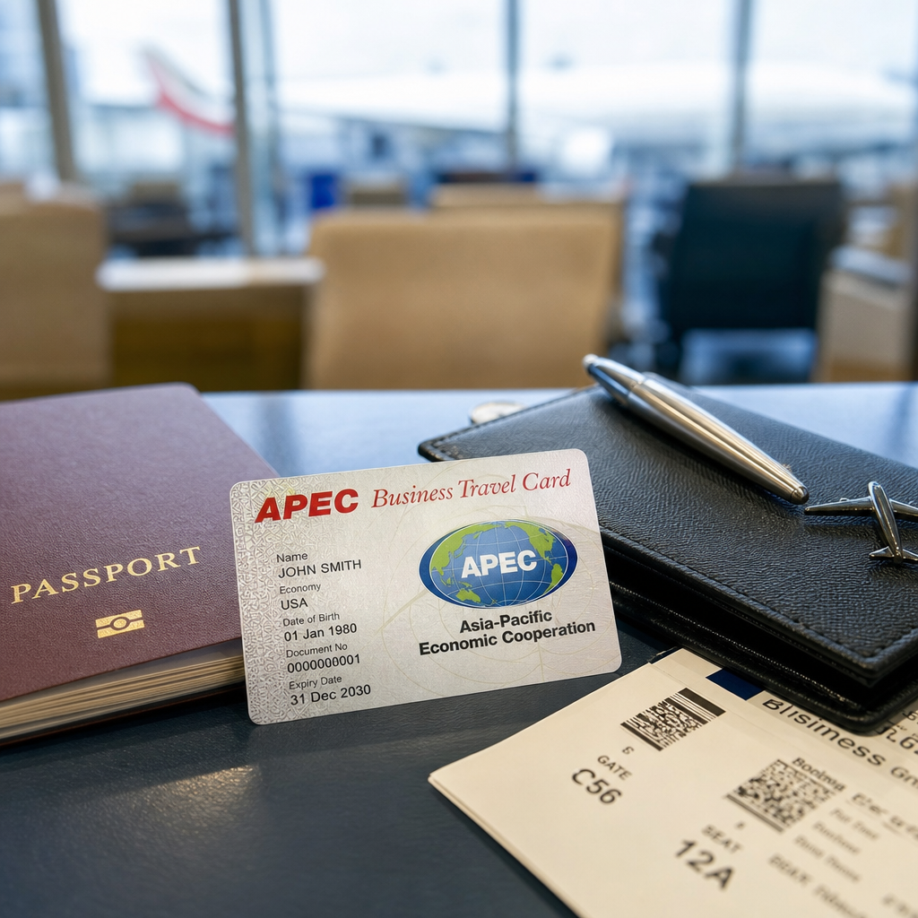 ภาพถ่ายเชิงบรรณาธิการ: บัตร APEC Business Travel Card วางบนหนังสือเดินทางที่ช่องทางด่วน