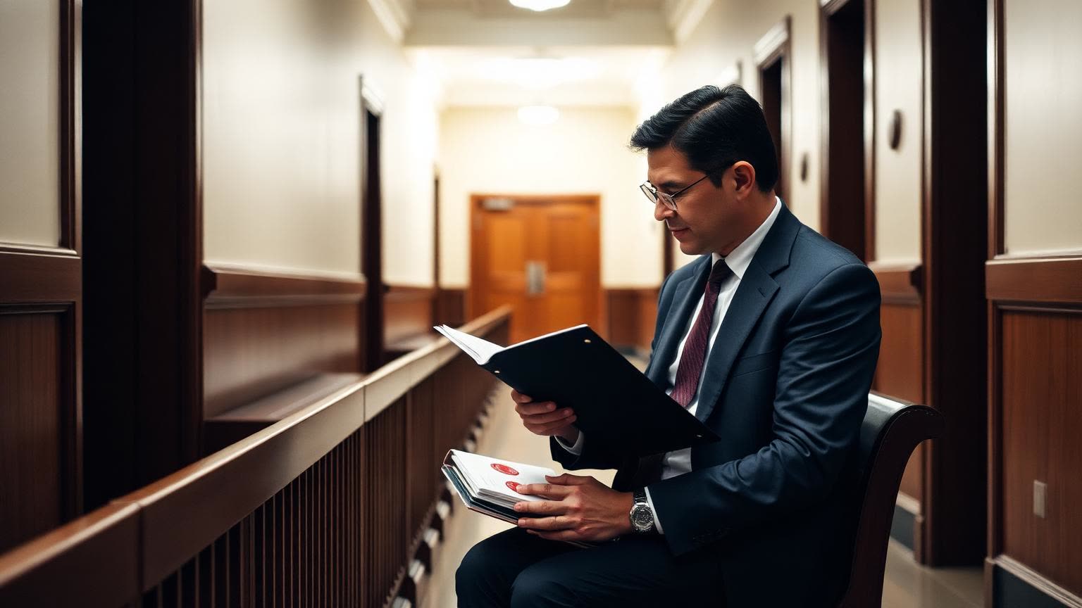 Interpreter and lawyer reviewing a sealed court case file before a hearing