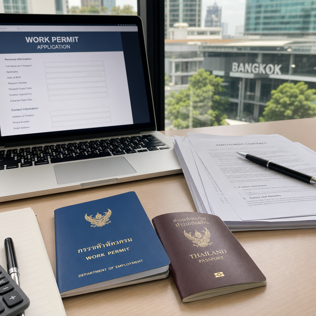 Editorial photograph of a Thai work permit blue book