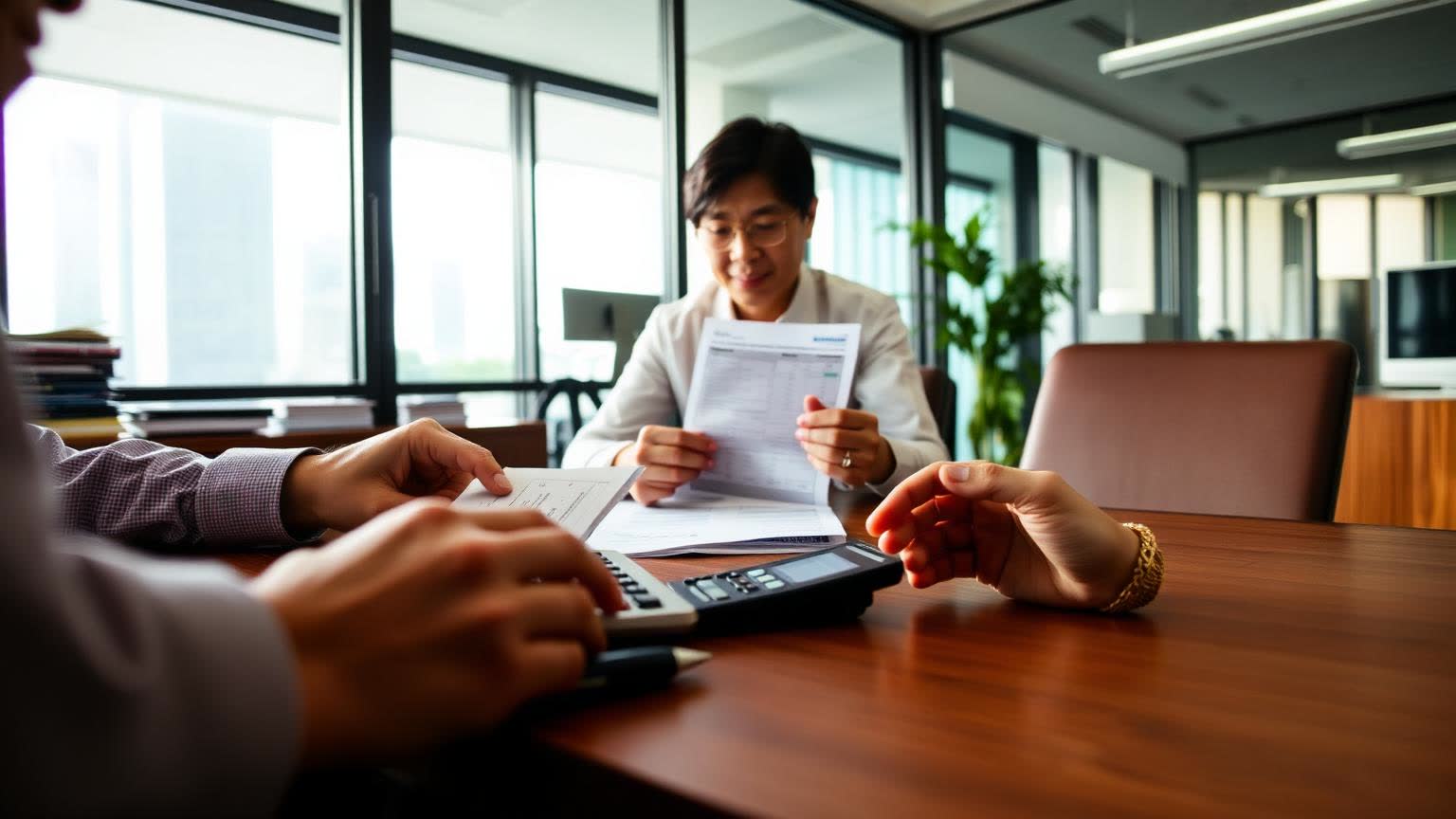 Accountant reviewing financial statements with a client at an accounting office