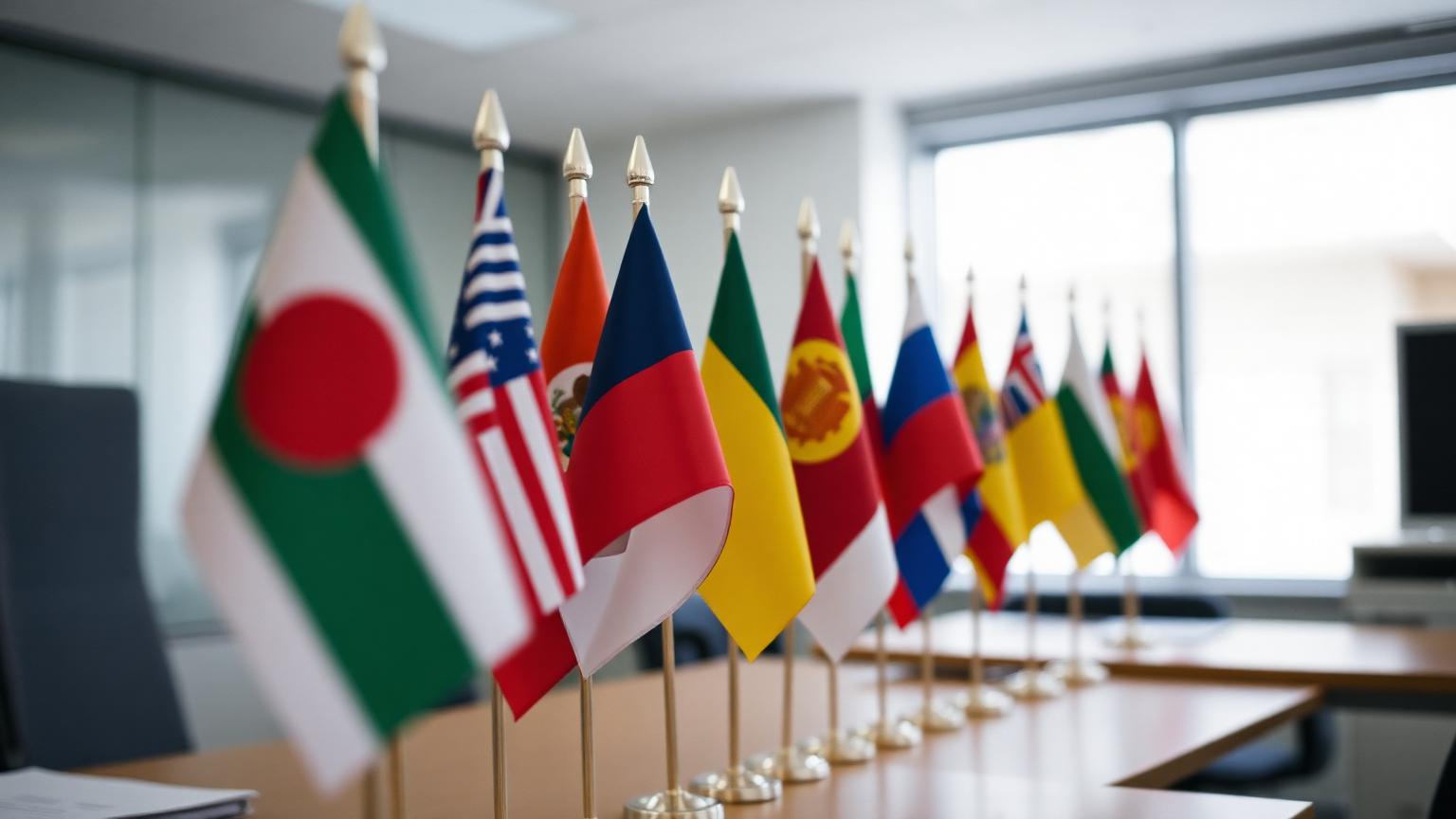 Documentary photograph of small national flags on desk stands in a meeting room
