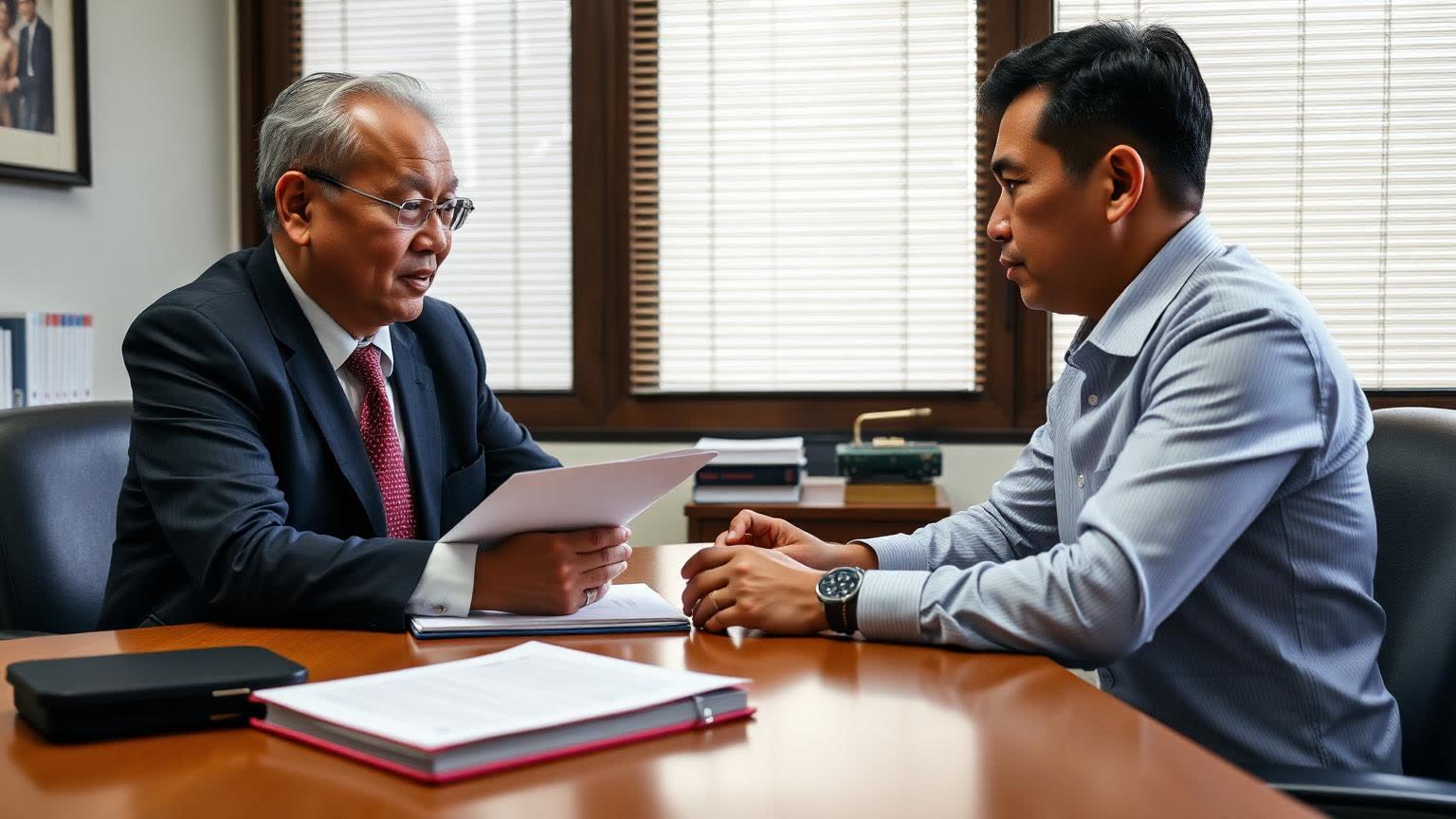 Senior lawyer giving legal advice to a client in an office