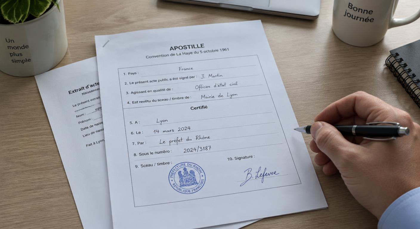ภาพประกอบ (สร้างด้วย AI) ตัวอย่างแบบฟอร์ม Apostille 10 ช่องตามอนุสัญญากรุงเฮก แนบบนเอกสารราชการ ไม่ใช่เอกสารของลูกค้าจริง