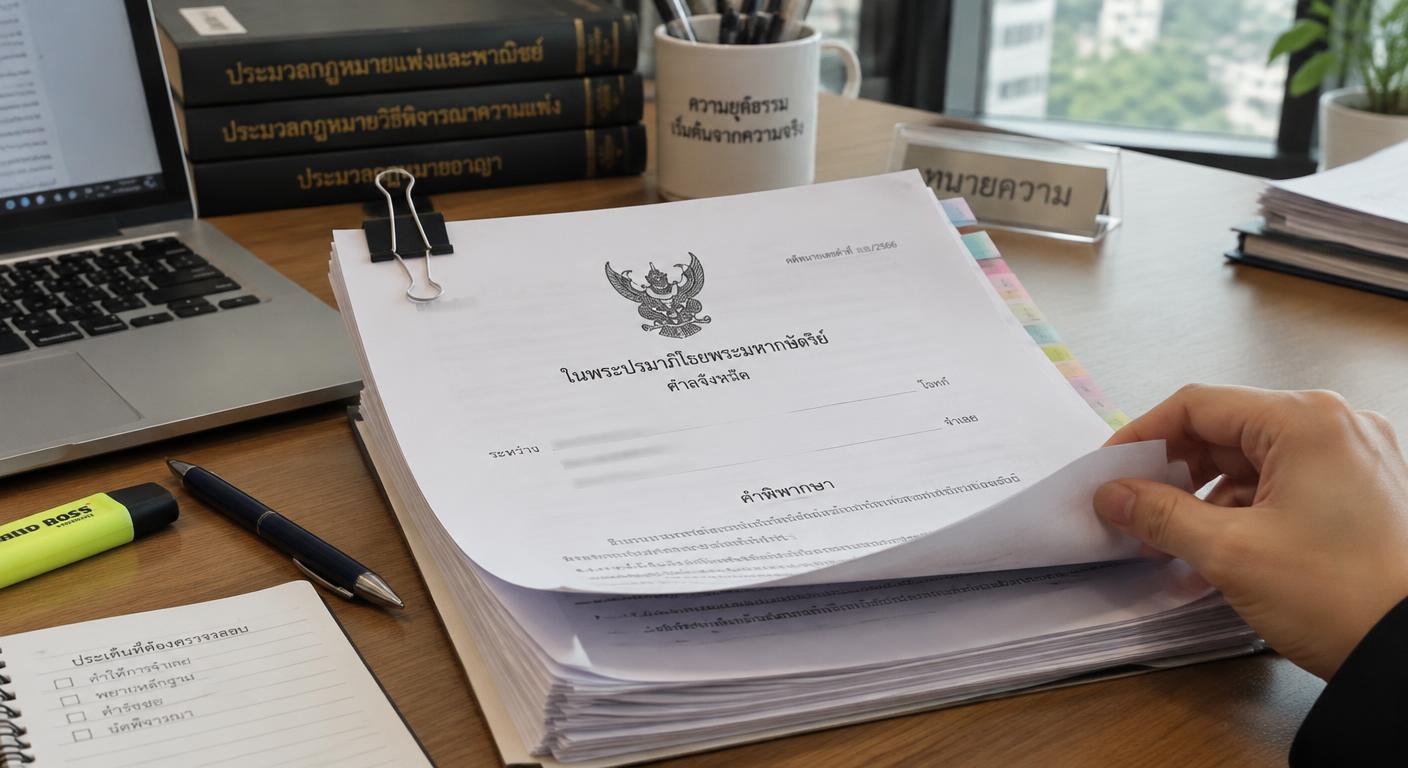 ภาพประกอบ (สร้างด้วย AI): แฟ้มเอกสารคดีภาษาไทยบนโต๊ะสำนักงานกฎหมาย ไม่ใช่เอกสารคดีจริง